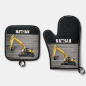 重装備事業用掘削機建築 鍋つかみ&鍋敷きセット (正面)