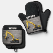 重装備事業用掘削機建築 鍋つかみ&鍋敷きセット (正面/裏面)