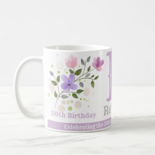 重要な誕生日名とイニシャルフローラデザイン コーヒーマグカップ (左)