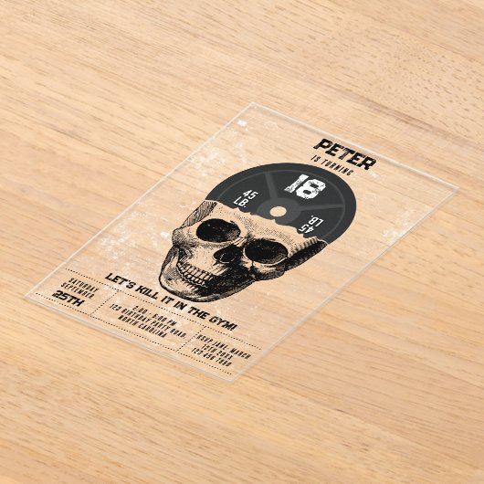 重量プレートスカル訓練ボディビル誕生日 アクリル招待状 (レイダウン)