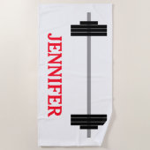 重量挙げのバーベル + パーソナライズな名前 ビーチタオル (正面)