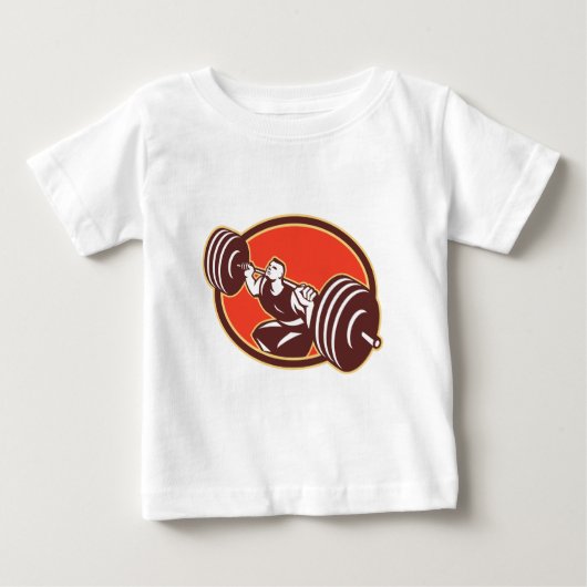 重量挙げ選手の持ち上がるバーベル交差適合のレトロ ベビーTシャツ (正面)