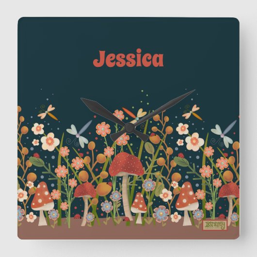 野お洒落花きのこパーソナライズされた スクエア壁時計 (正面)