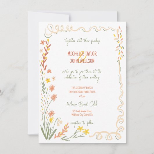 野お洒落花手引き草地結婚の 招待状 (正面)