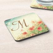 野にピンクの野生の花モノグラム飲料コースター コースター (左側)