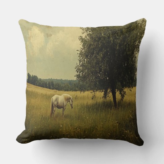野に放牧する白馬 クッション (正面)
