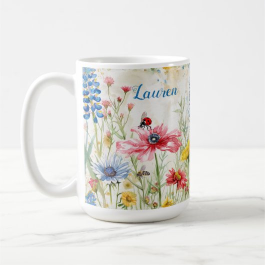 野の花とテントウムシとミツバチ コーヒーマグカップ (左)