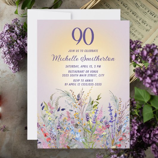 野の花と太陽の紫色の女性の90歳の誕生日 招待状