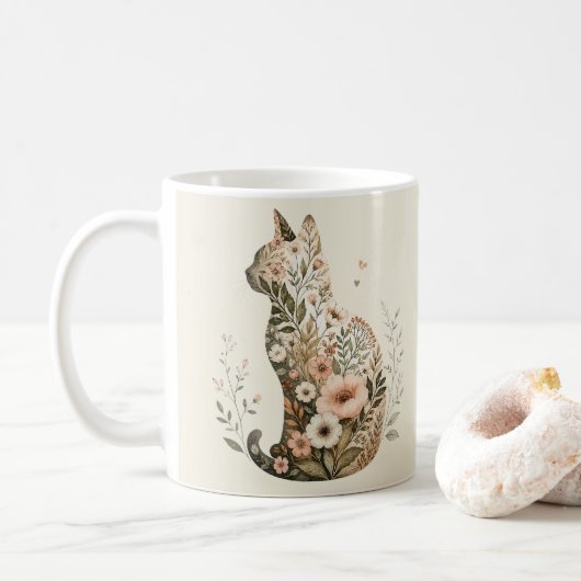 野の花と猫のシルエット マグカップ フラワー ボホー (ドーナツ)