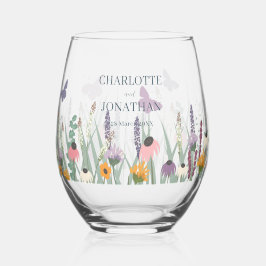 野の花と蝶結婚の ステムなしワイングラス