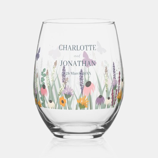 野の花と蝶結婚の ステムなしワイングラス (正面)