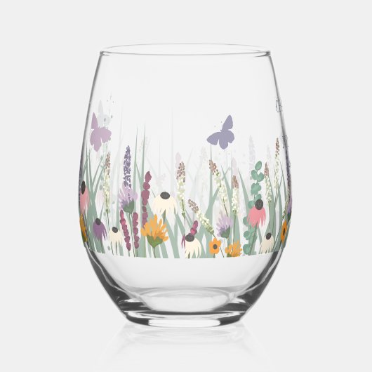 野の花と蝶結婚の ステムなしワイングラス (右)
