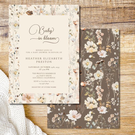 野の花に囲まれた赤ちゃん ルスティックベビーシャワー 招待状