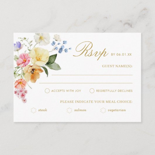 野の花のウェディング カラフルなフラワーの結婚式 出欠カード (正面)