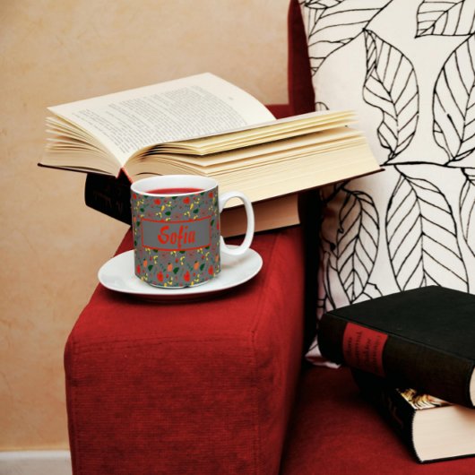 野の花のパターン赤いポピー灰色 コーヒーマグカップ