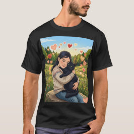 野の花のフィールドで黒猫を抱きしめる女の子 イラスト Tシャツ