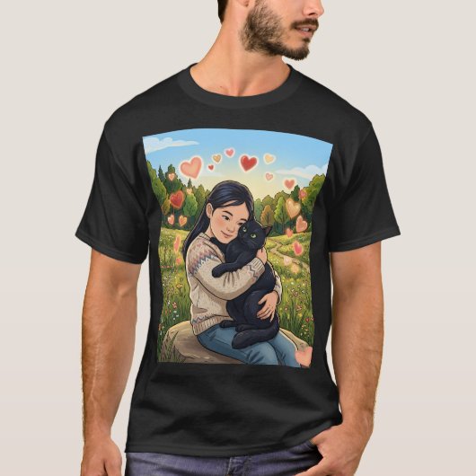 野の花のフィールドで黒猫を抱きしめる女の子 イラスト Tシャツ (正面)