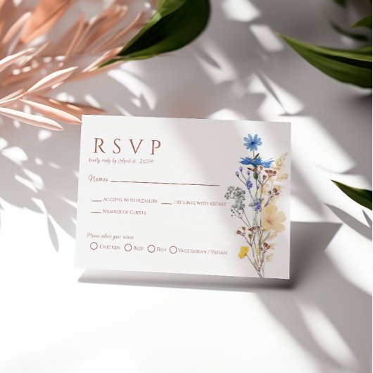 野の花のボタニカル結婚式RSVP食事選択カード 出欠カード