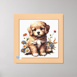 野の花の上のかわいい子犬 キャンバスプリント