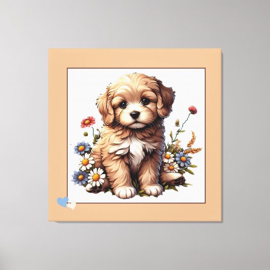 野の花の上のかわいい子犬 キャンバスプリント (正面)