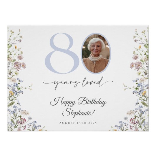 野の花の写真入り80歳の誕生日ウェルカムサイン ポスター (正面)