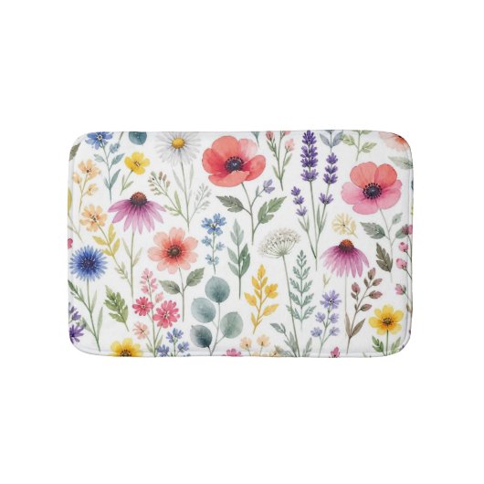 野の花の水彩画の草原の植物の花柄 バスマット (正面)