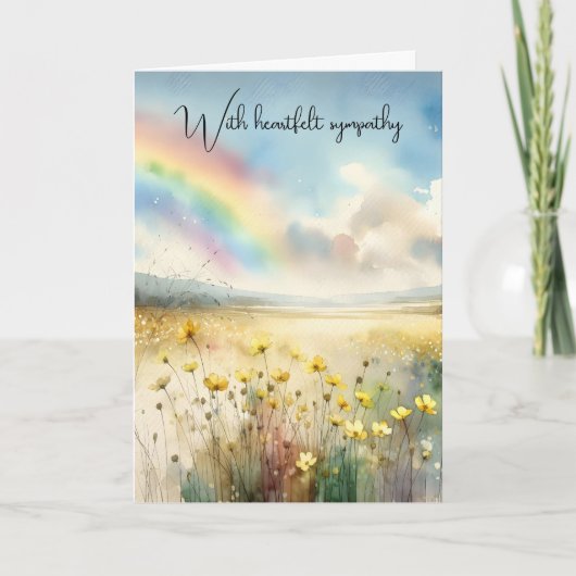 野の花の牧場に架かる虹の水彩画 カード (正面)
