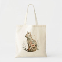 野の花の猫のシルエットトートバッグ フラワーボホー