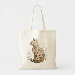 野の花の猫のシルエットトートバッグ フラワーボホー トートバッグ