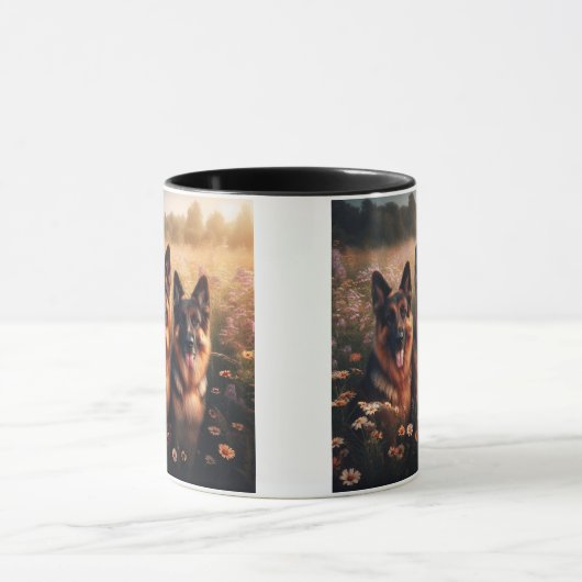 野の花の畑に住む三つのドイツの羊飼い マグカップ (中央)