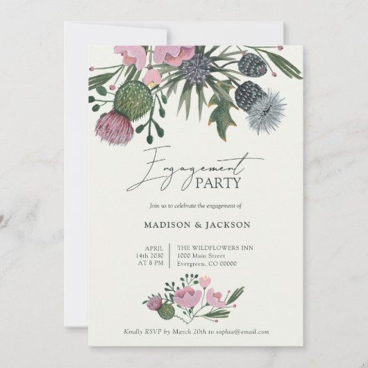 野の花の素朴な結婚ピンクの婚約パーティ 招待状 (正面)