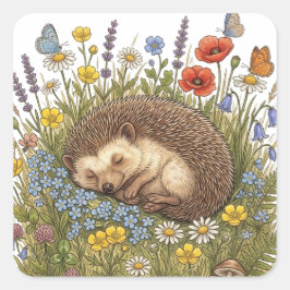 野の花の草原で眠るハリネズミの美しい風景 スクエアシール