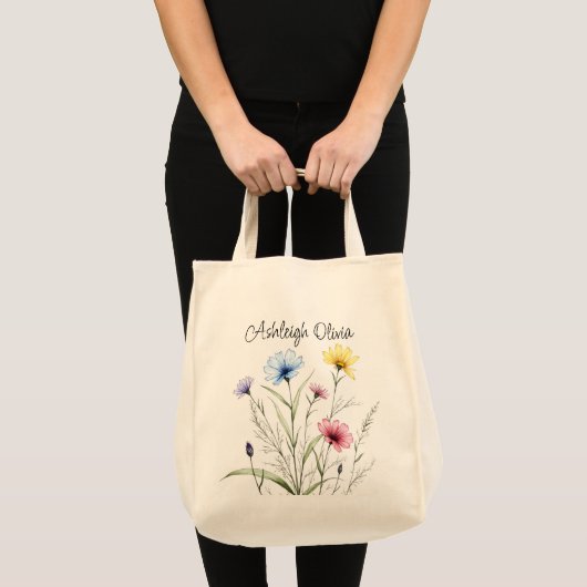 野の花の鉛筆画スタイルのエコバッグ トートバッグ (正面(商品))