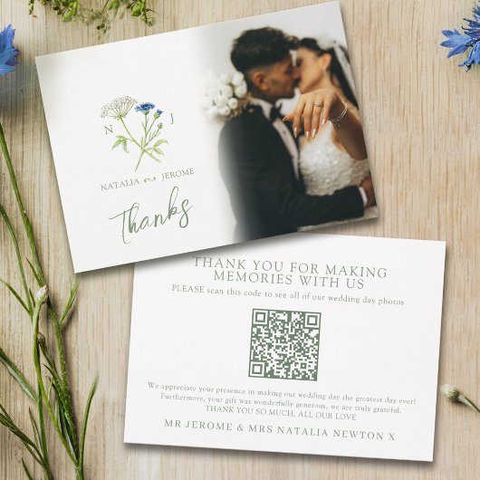 野の花モノグラム結婚式写真QRコード サンキューカード