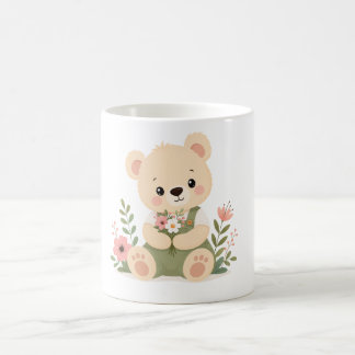 野の花束を持つかわいいテディベア コーヒーマグカップ