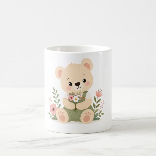 野の花束を持つかわいいテディベア コーヒーマグカップ (中央)