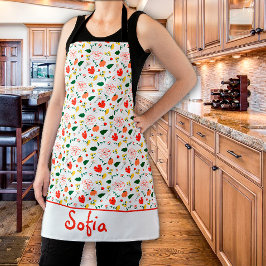 野の花柄のポピーな白いエプロン エプロン