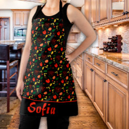 野の花柄ポピー黒エプロン エプロン