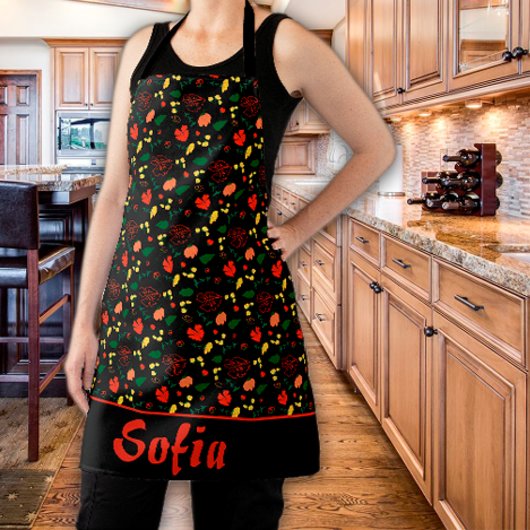 野の花柄ポピー黒エプロン エプロン