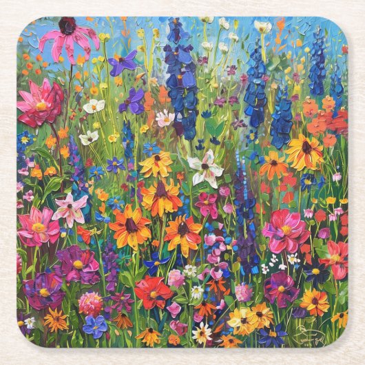 野の花畑のカラフルな絵 スクエアペーパーコースター (正面)