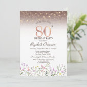 野の花+ストリングライト+スパークル 80歳の誕生日 招待状 (スタンド正面)
