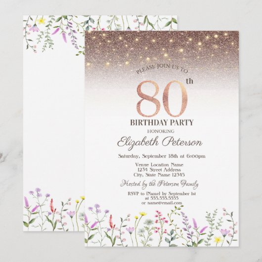 野の花+ストリングライト+スパークル 80歳の誕生日 招待状 (正面/裏面)