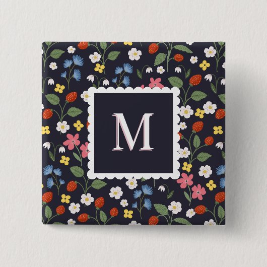 野イチゴパターン（の模様が）あるモノグラムの海軍 缶バッジ (正面)