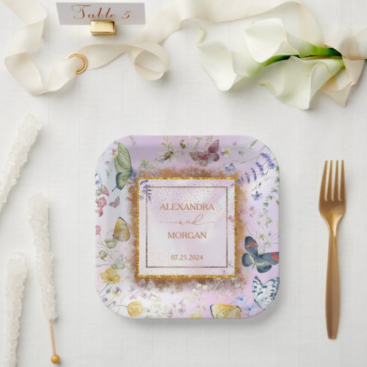 野エレガント花お洒落ピンク ペーパープレート (ウェディング)