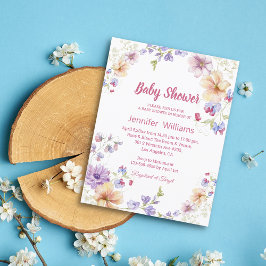 野エレガント花ピンクのスクリプト女の子の赤ちゃんシャワー 招待状