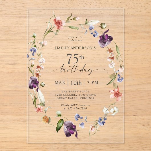 野エレガント花フェミニンフローラ75誕生日 アクリル招待状 (正面)