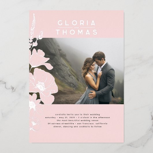 野エレガント花モダンピンク結婚の写真 箔招待状 (正面)