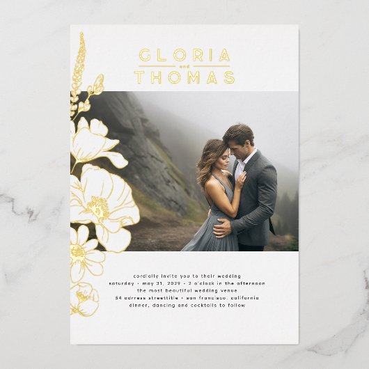 野エレガント花モダン結婚の写真 箔招待状 (正面)
