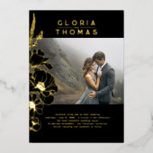 野エレガント花モダン黒結婚の写真 箔招待状 (正面)