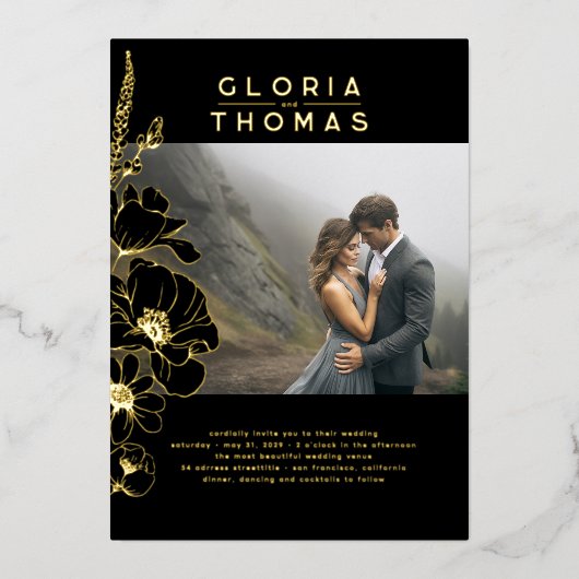 野エレガント花モダン黒結婚の写真 箔招待状 (正面)
